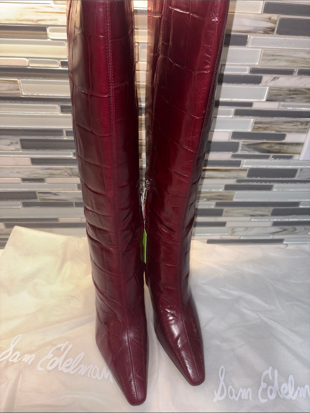 Sam Edelman SYLVIA 2 Burgundy Croc-Embossed High Pointed Toe Boots